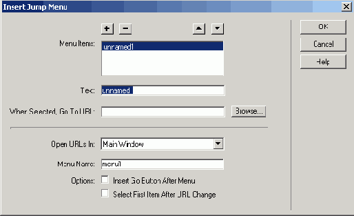 Диалоговое окно Insert Jump Menu